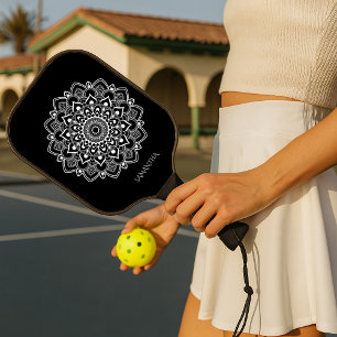 Hot Black and White Mandala w Decorative Name Pickleball Paddle