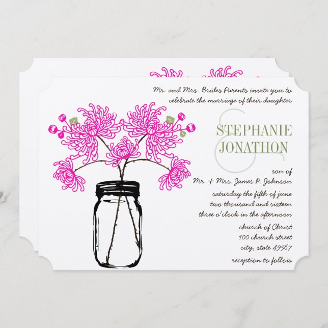 Hot Bright Pink Mason Jar Wildflower Wedding Invitation (Front/Back)