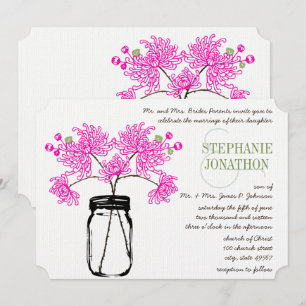 Hot Bright Pink Mason Jar Wildflower Wedding Invitation