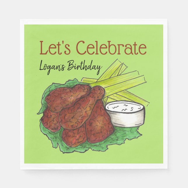 Hot Chicken Wings Let's Celebrate Birthday Party Napkin (Front)