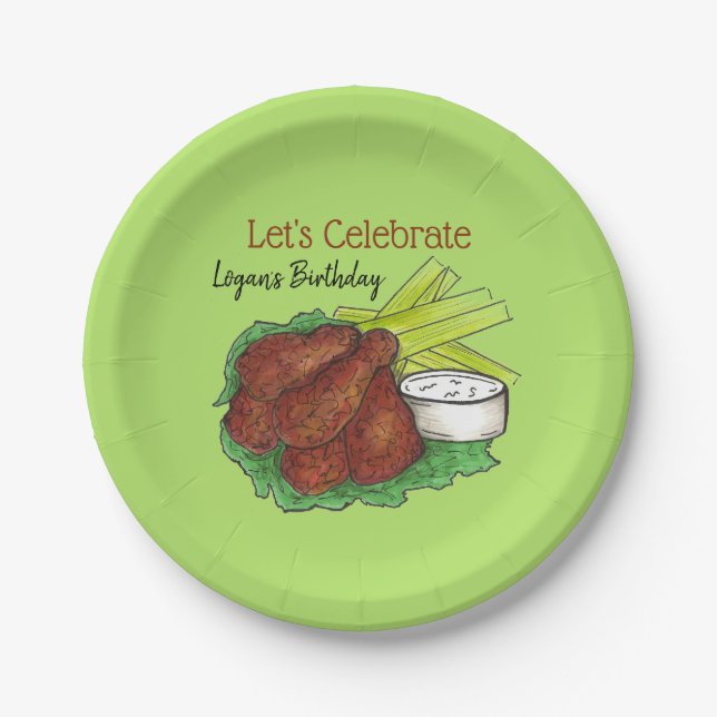 Hot Chicken Wings Let's Celebrate Birthday Party Paper Plate (Front)