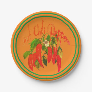 Hot Chili Peppers onTerra Cotta Green Border Paper Plate