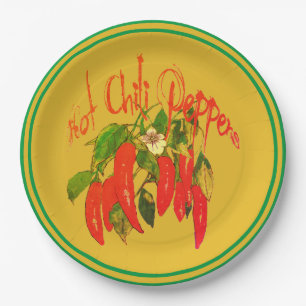 Hot Chilli Red Peppers on Mustard Background Text Paper Plate