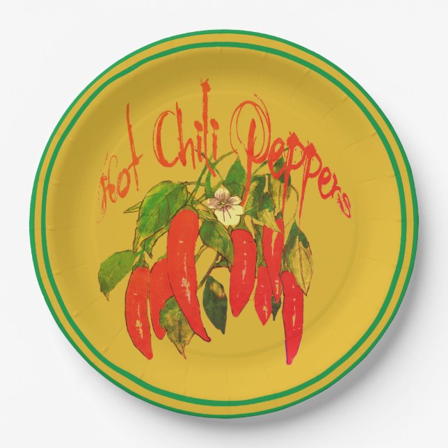Hot Chilli Red Peppers on Mustard Background Text Paper Plate (Front)