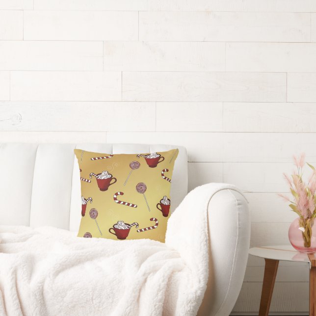 Hot chocolate and candy cane on faux golden  cushion (Couch)