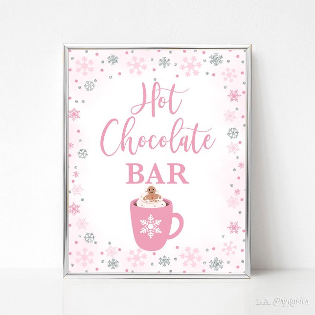 Hot Chocolate Bar Winter Pink Snowflakes Sign (Hot Chocolate Bar Party Sign, Winter Pink & Silver Glitter Snowflakes Theme)