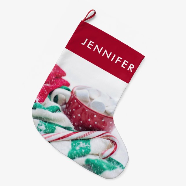Hot Chocolate & Candy Cane Adorable Large Christmas Stocking (Front (Hanging))