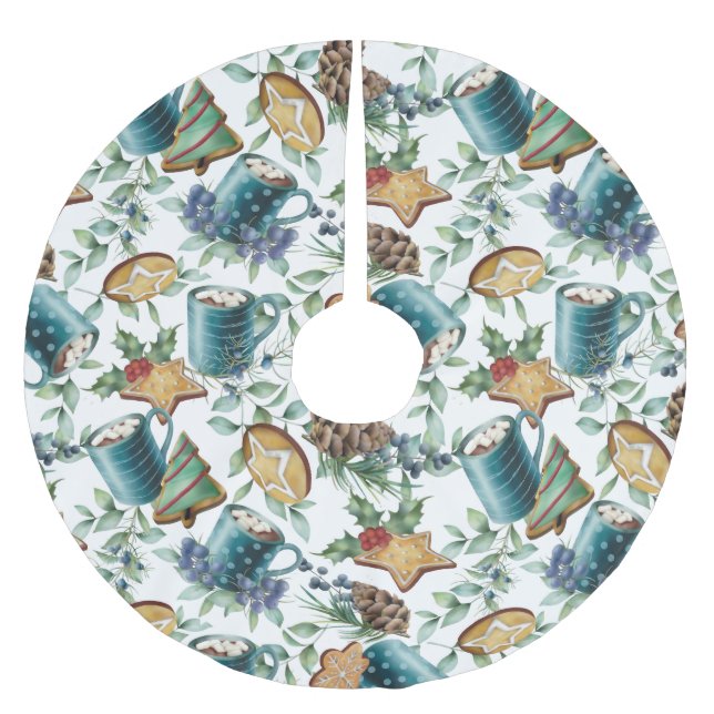 Hot chocolate, Christmas Cookies, and Greenery Brushed Polyester Tree Skirt (Front)