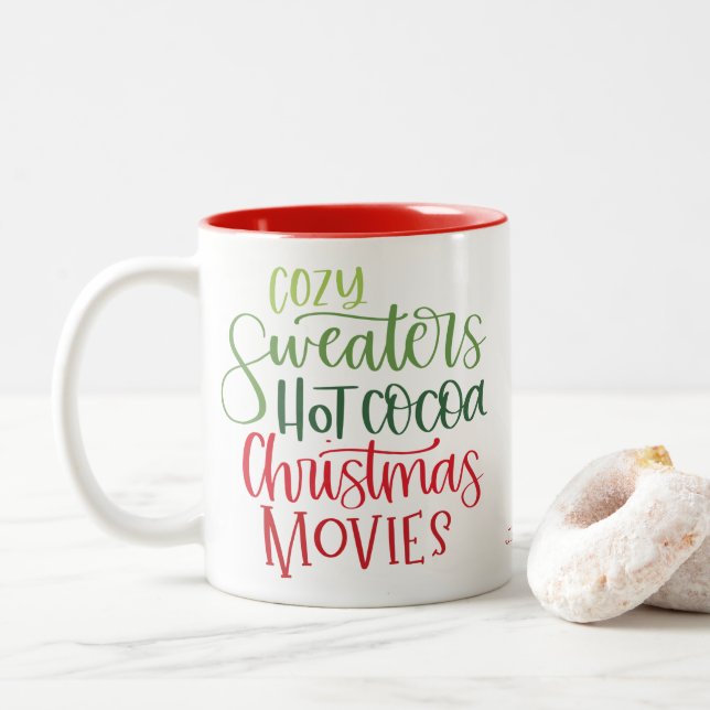 Hot Chocolate Christmas Red Green Whimsy Text Two-Tone Coffee Mug (With Donut)