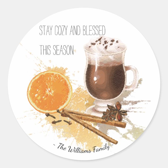 Hot Chocolate Cinnamon Orange Season Greetings Classic Round Sticker (Front)