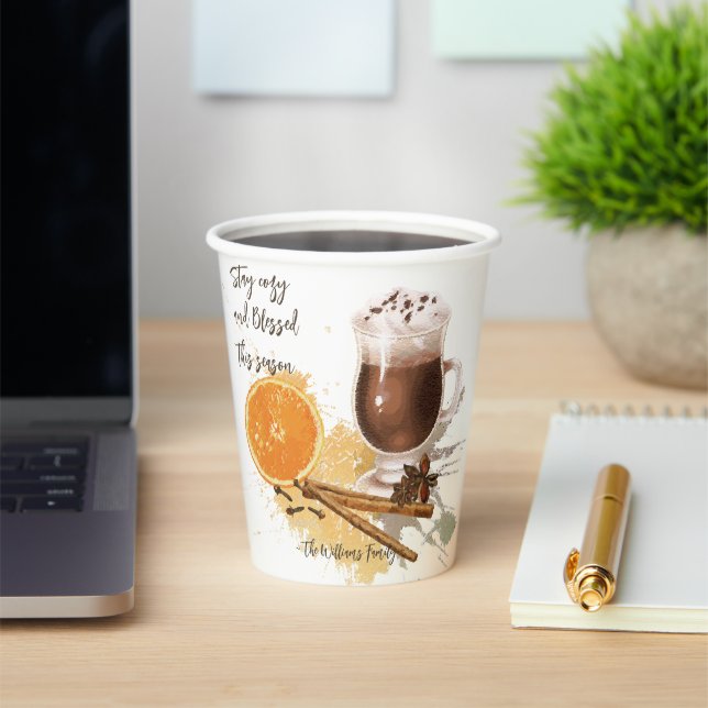 Hot Chocolate Cinnamon Orange Season Greetings Paper Cups (Insitu)