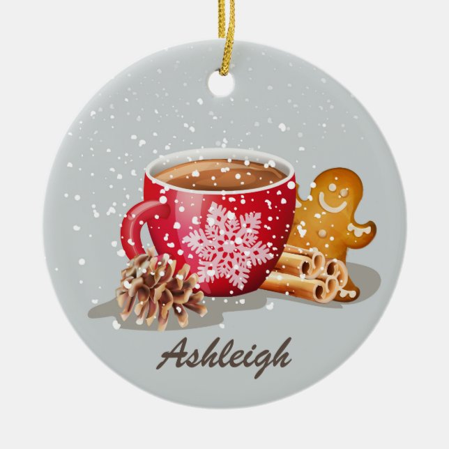 Hot Chocolate Gingerbread Christmas Personalised Ceramic Tree Decoration (Front)