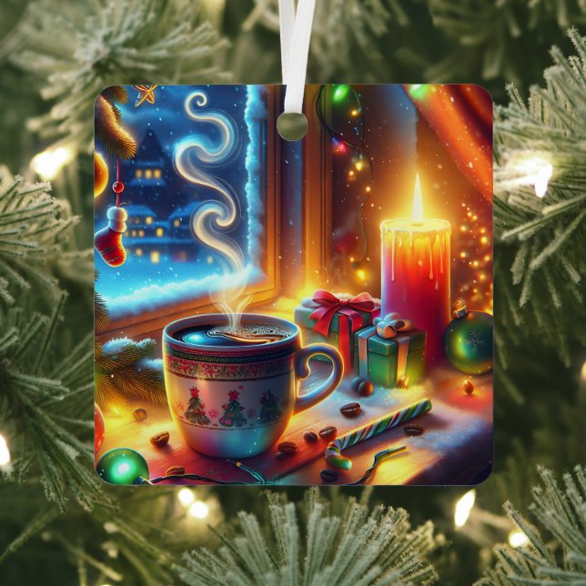 Hot Chocolate in a Christmas Window Personalised Metal Tree Decoration (Insitu)