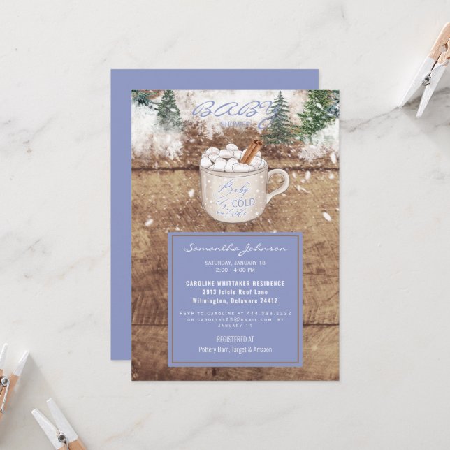 Hot Chocolate Rustic Baby It's Cold Blue Shower Invitation (Front/Back In Situ)