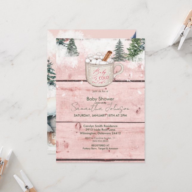 Hot Chocolate Snow Baby It's Cold Outside Rustic Invitation (Front/Back In Situ)