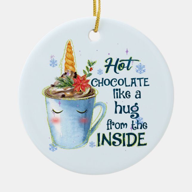 Hot Chocolate Unicorn | Cosy Unicorn Winter Ceramic Tree Decoration (Front)
