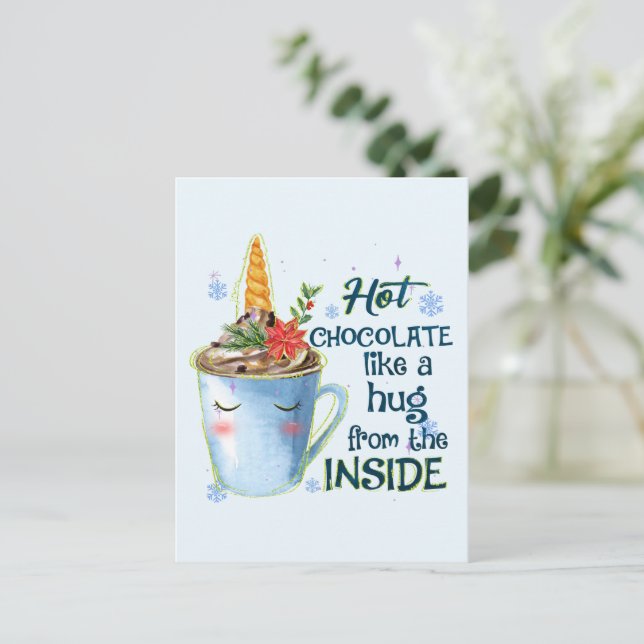 Hot Chocolate Unicorn | Cosy Unicorn Winter Postcard (Standing Front)