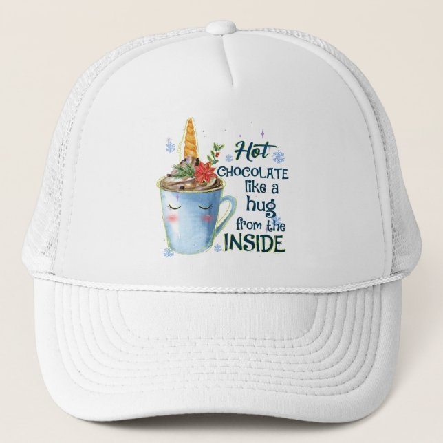 Hot Chocolate Unicorn | Cosy Unicorn Winter Trucker Hat (Front)