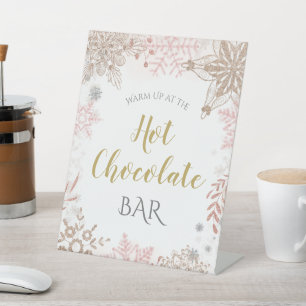 Hot Chocolate Winter Wonderland Pink Gold Pedestal Sign