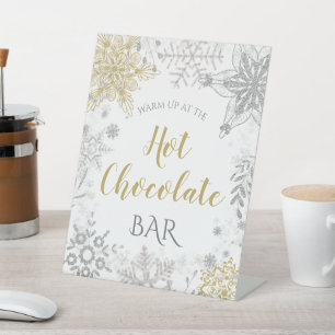 Hot Chocolate Winter Wonderland Silver Gold Pedestal Sign