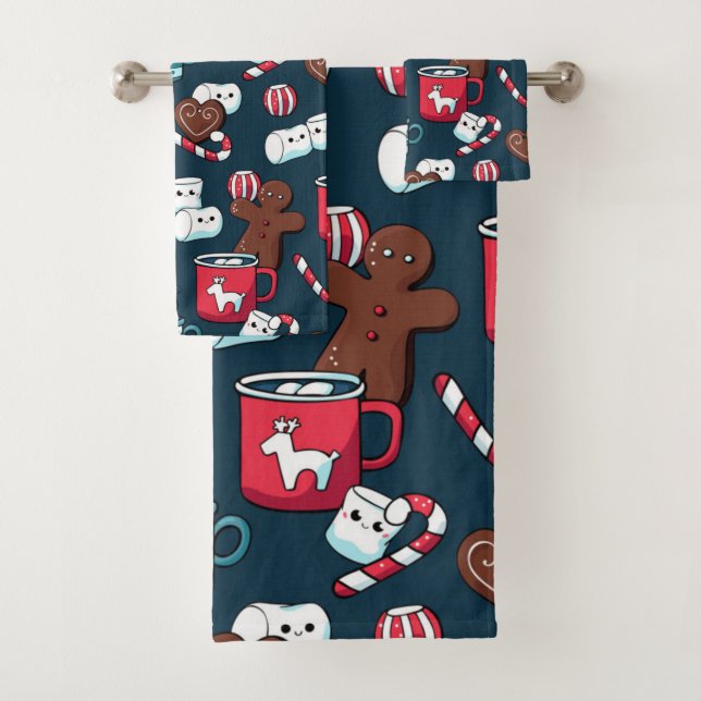 Hot Coco And Christmas Treats Pattern Bath Towel Set (Insitu)