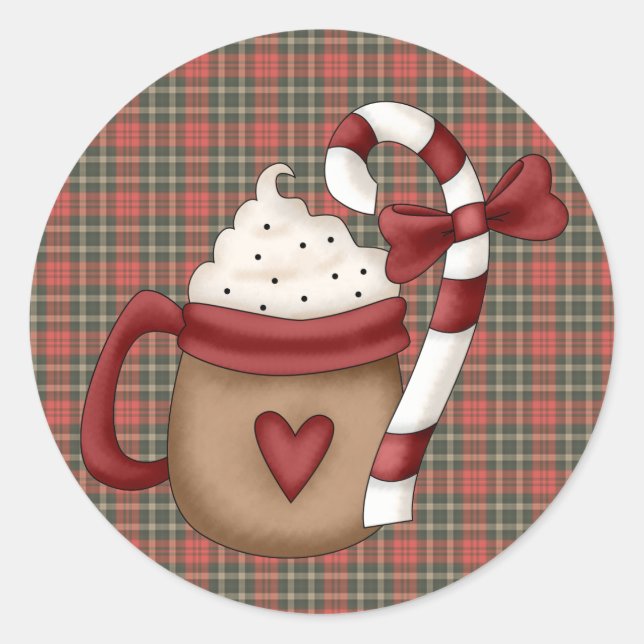 hot cocoa and candy cane classic round sticker (Front)