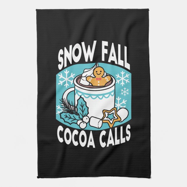 Hot Cocoa and Winter Charm - Snow Fall Cocoa Calls Tea Towel (Vertical)