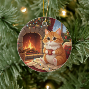 Hot Cocoa Cat Cosy Winter Cat by the Fireplace Ceramic Tree Decoration