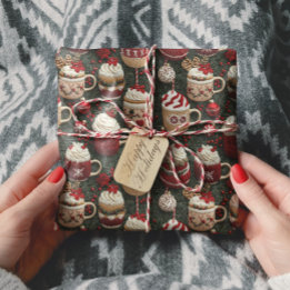 Hot Cocoa Christmas Tree Cups Knitted Pattern Wrapping Paper