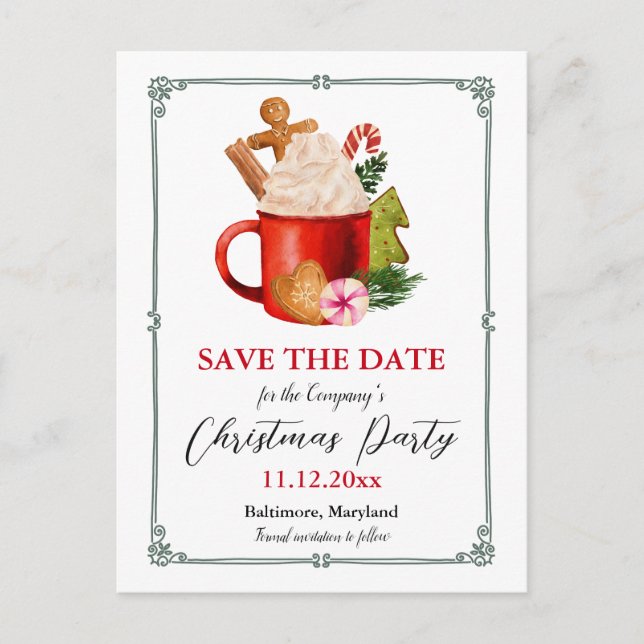 Hot Cocoa Festive | Christmas Party Save The Date  Announcement Postcard (Front)