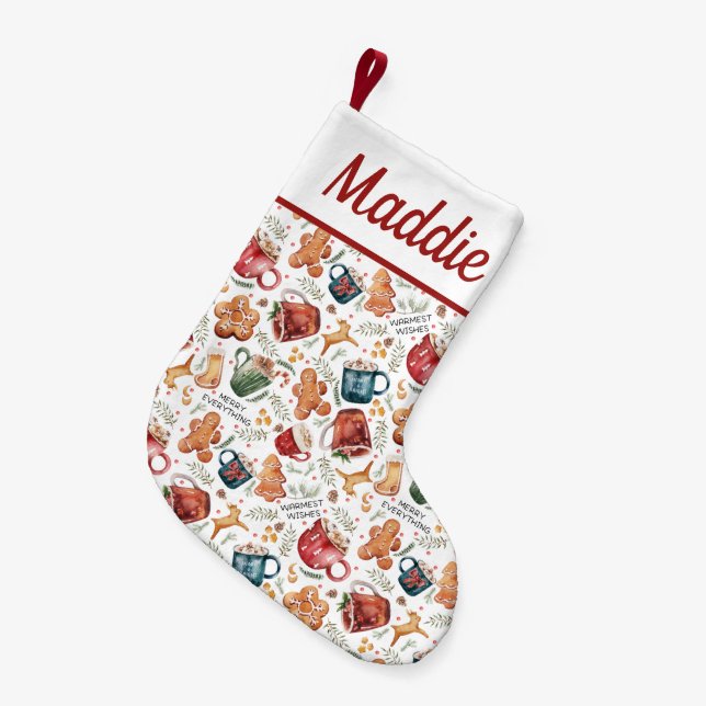 Hot Cocoa Gingerbread Cookies Rustic Christmas Small Christmas Stocking (Front (Hanging))