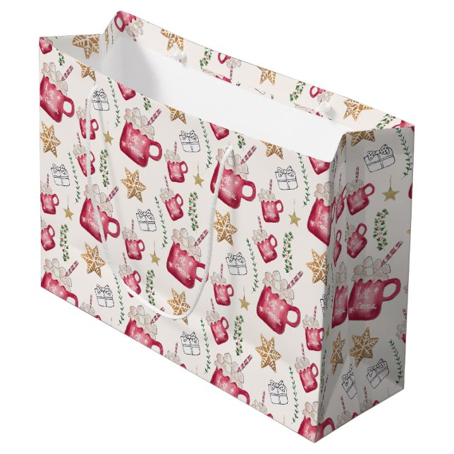 Hot Cocoa Holiday Party Watercolor Art Large Gift Bag (Front Angled)