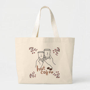 Hot Coffee Cosy Hand Drawn Coffee Lovers Botanical Large Tote Bag