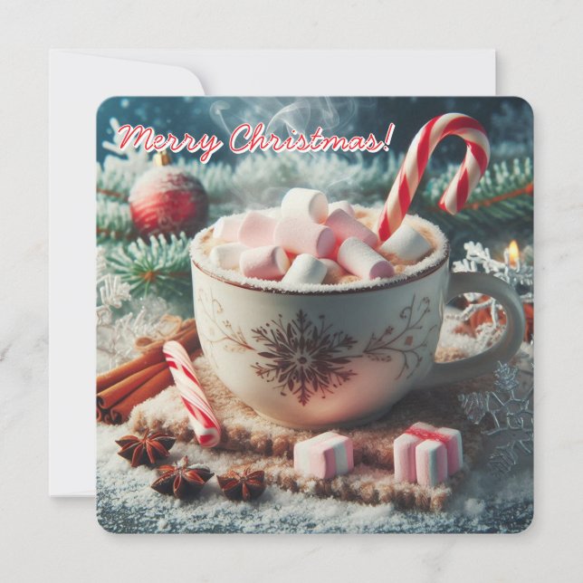 Hot Coffee cup with marshmallows- red candy cane Holiday Card (Front)