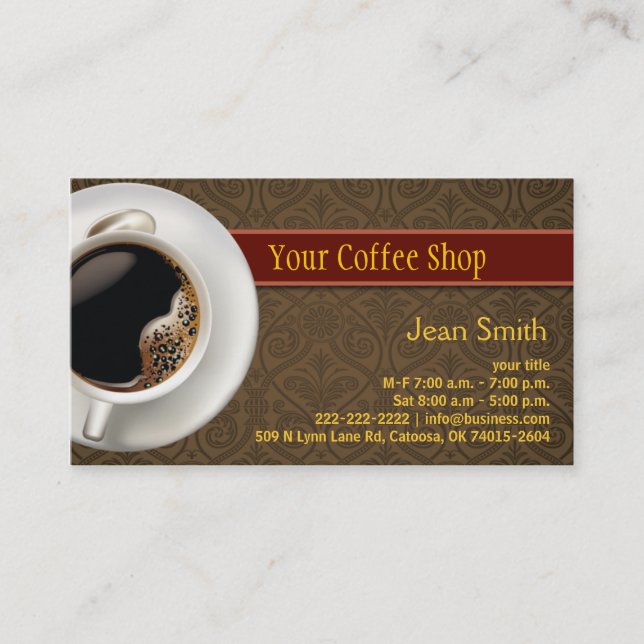 Hot Coffee Damask Brown Business Card (Front)