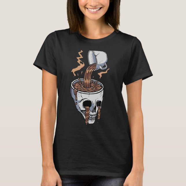 Hot Coffee Skeleton Drinking Halloween Skull Mug T-Shirt (Front)