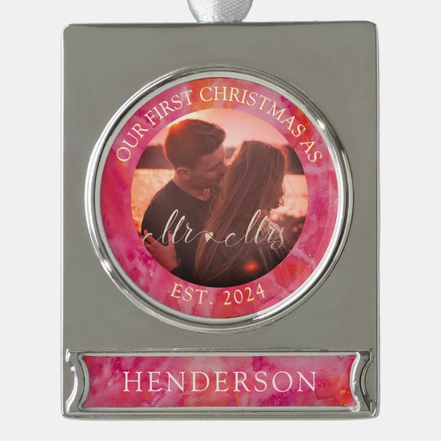 Hot Colour First Christmas Mr and Mrs Silver Plated Banner Ornament (Front)