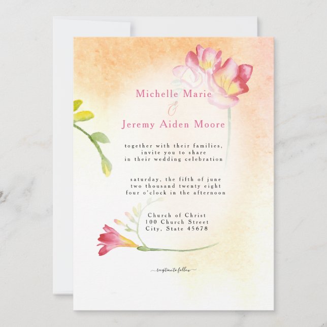 Hot Colour Pink Freesia Floral Invitation (Front)