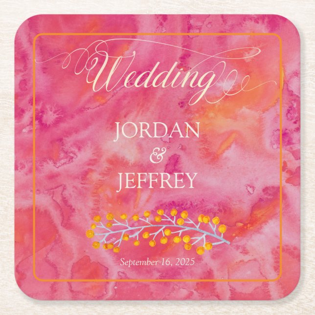 Hot Colour Romantic Wedding Square Paper Coaster (Front)