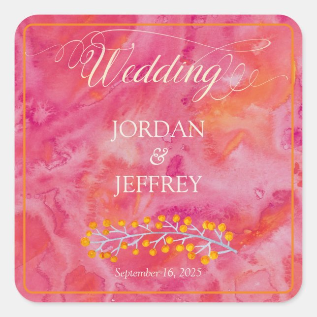 Hot Colour Romantic Wedding Square Sticker (Front)