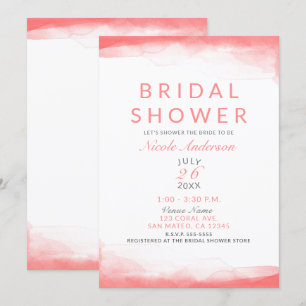 Hot Coral Bright Watercolor Modern Bridal Shower Invitation