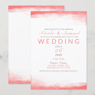 Hot Coral Bright Watercolor Modern Chic Wedding Invitation