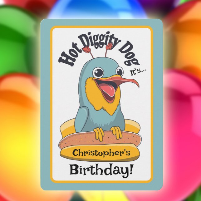 Hot Diggity Dog Crazy Bird Kid Birthday Party Wild Invitation (Crazy hot dog bird kids birthday party invitation)