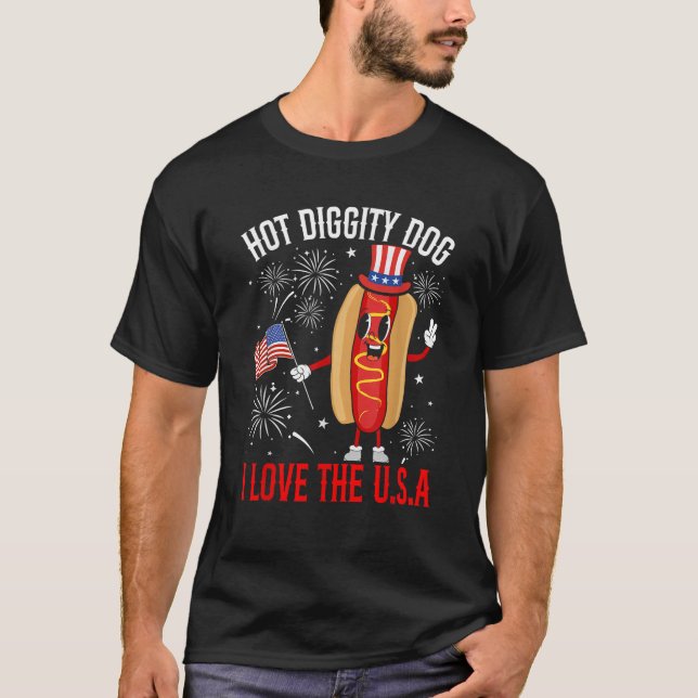 Hot Diggity Dog I Love The USA Happy 4th Of July H T-Shirt (Front)