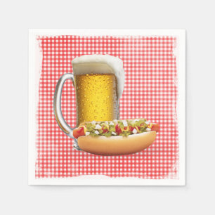 Hot Dog and Beer On Gingham Napkin