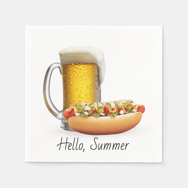 Hot Dog and Beer On White Napkin (Front)