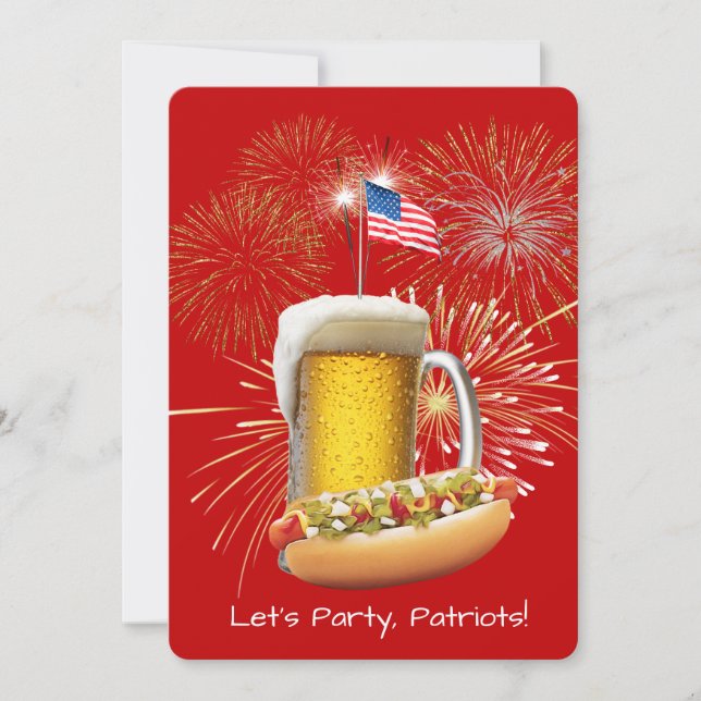 Hot Dog and Beer With Fireworks and Flag Invitation (Front)