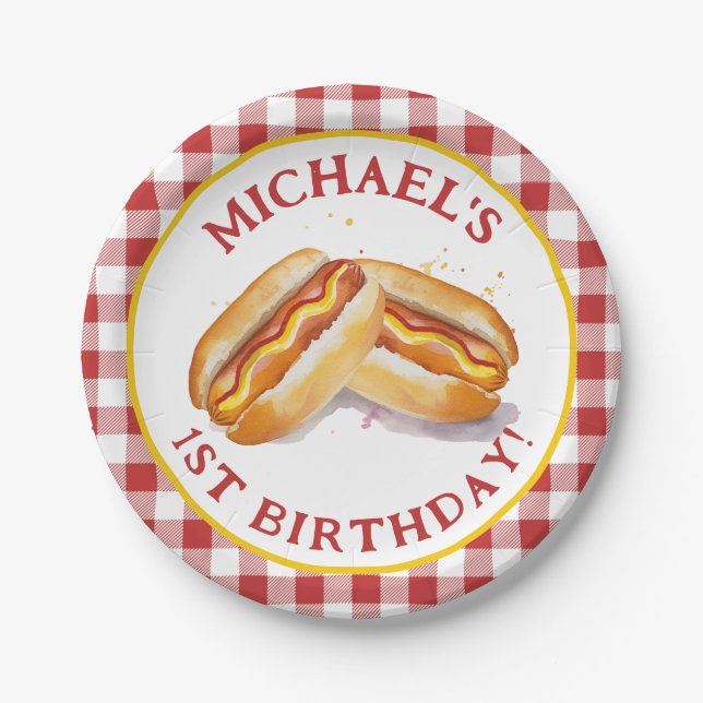 Hot Dog Birthday Party Paper Plates – Red Gingham  (Front)