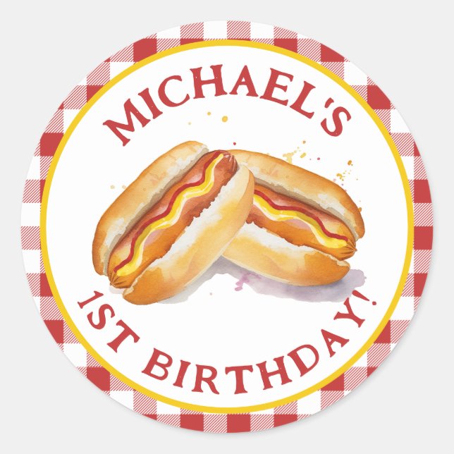 Hot Dog Birthday Round Sticker – Red Gingham Kids  (Front)