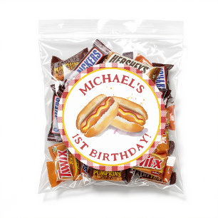 Hot Dog Birthday Round Sticker – Red Gingham Kids 